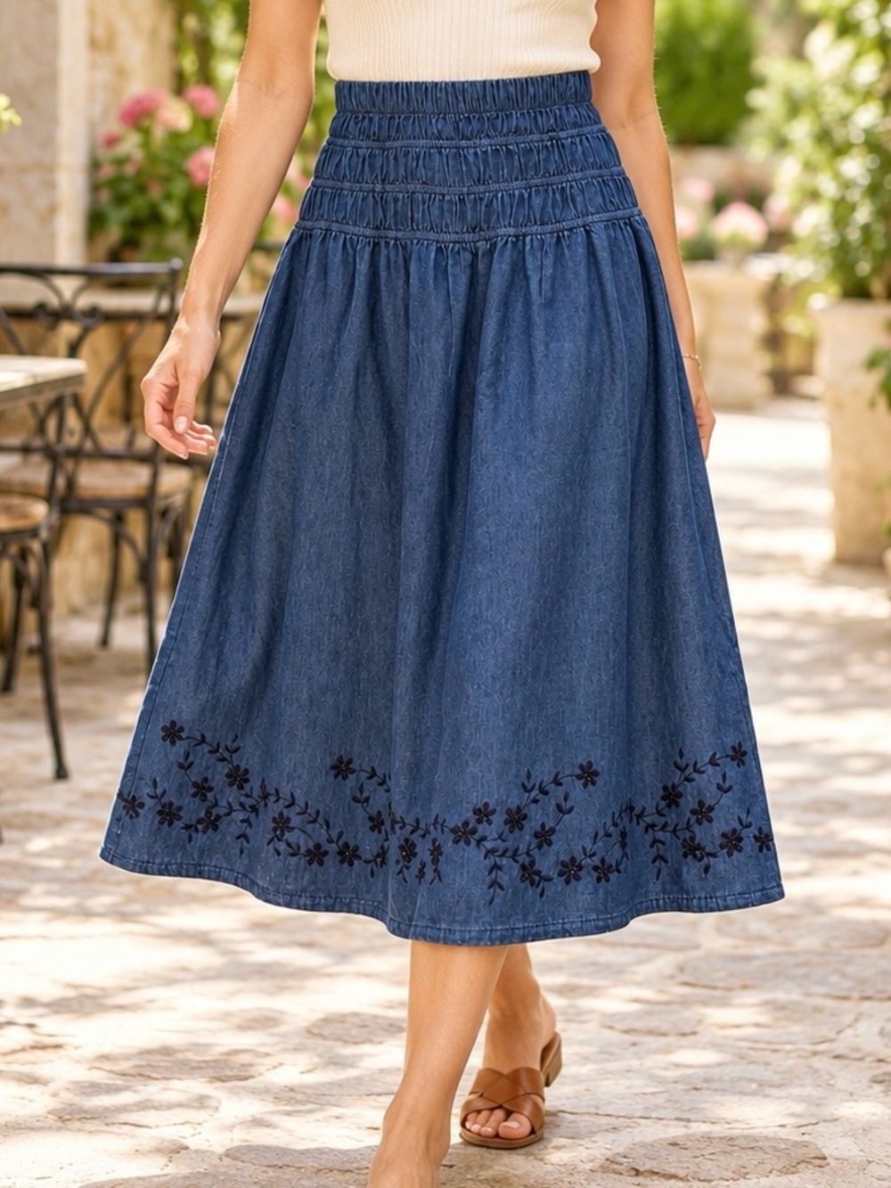 Free Assembly Blue Denim Embroidered Midi Skirt Women’s M 8-10 Smocked Waist